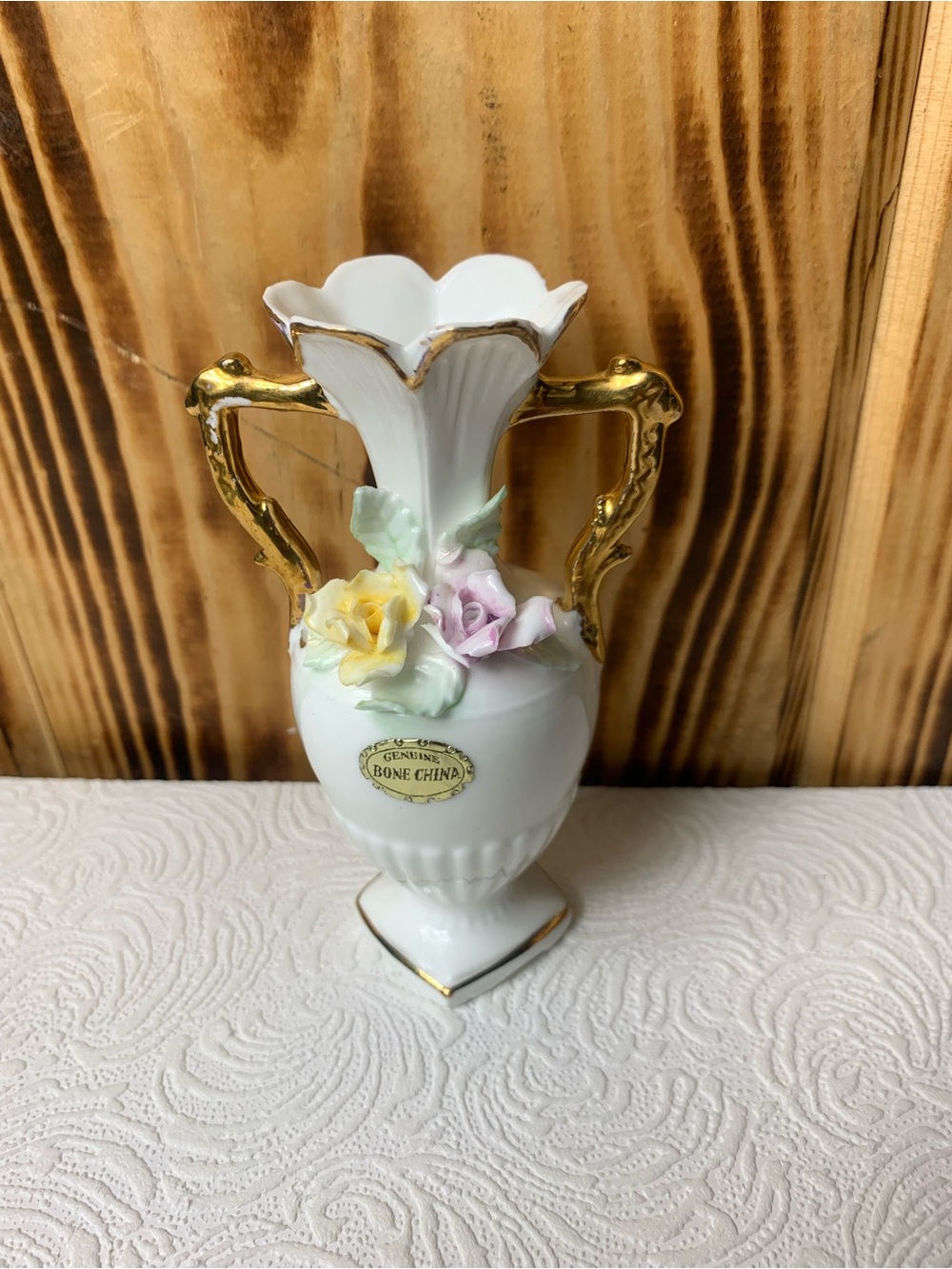 Vintage Genuine Bone China Mini Vase Applied Flowers Gold Handles 4.75”